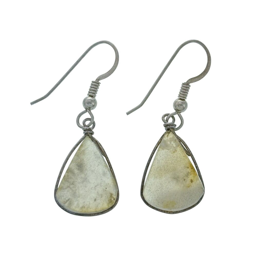 Vintage Silver-Tone Wire Wrap Agate Dangle Earrings
